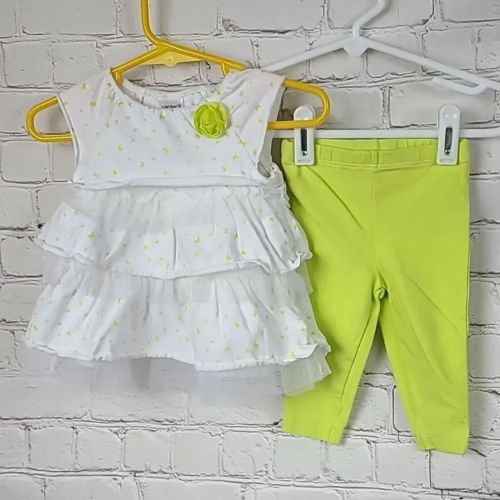 Carter's Baby Girl 3M Lime Green Butterfly Tulle Ruffled Top & Pants 2pc Outfit